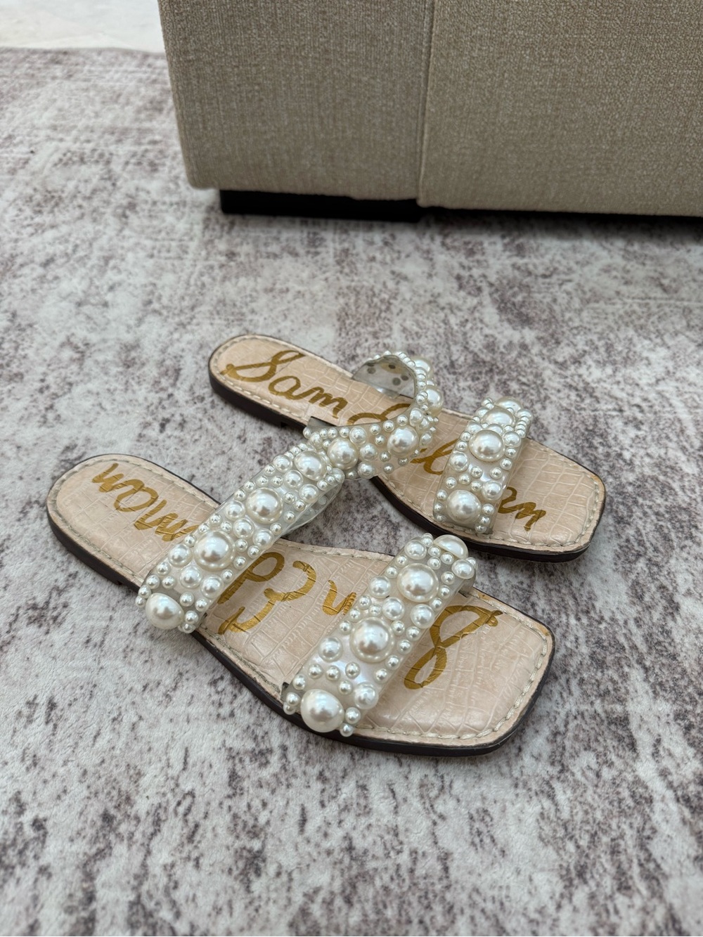 Sam Edelman Pearl-Embellished Ivory Slide Sandals